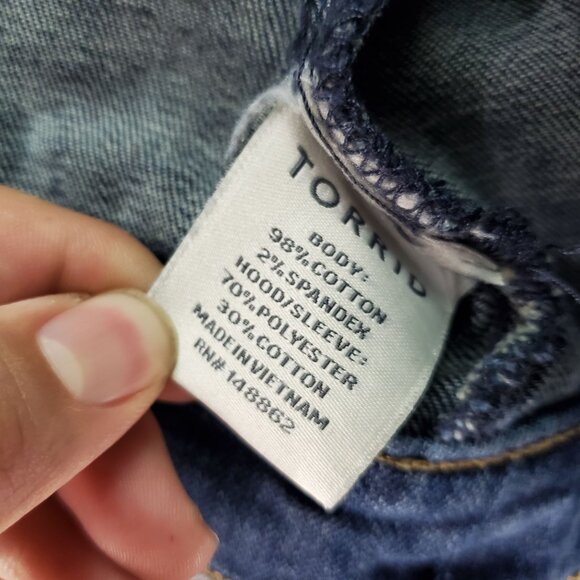 Torrid Jacket Womens 0X Blue Denim Jacket With Knit Sleeves - Picture 3 of 9